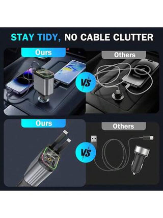 شاحن سريع للسيارة 66 واط 4 في 1 مع كابلات قابلة للسحب، منافذ USB وPD، متوافق مع هواتف iPhone 16/15/14/13/12/11 برو ماكس وغيرها، يتضمن مصباح إسقاط سماء نجمية