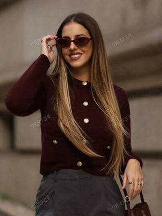 كنزة صوفية كاردجان نسائية محبوكة أنيقة، كنزة صوفية قطنية أنيقة بأكمام طويلة مع جيوب، ملابس خارجية كاجوال