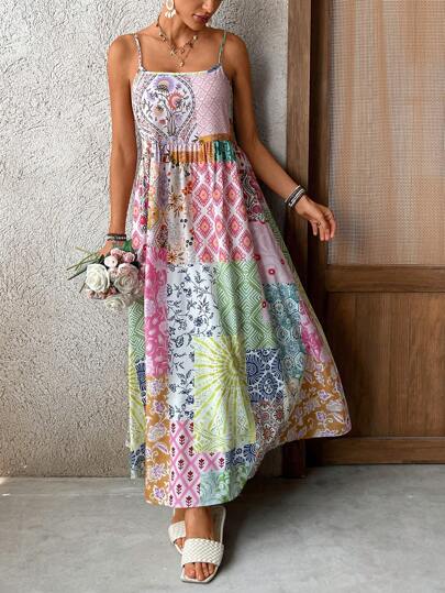 أثاث مكتبي Clasi فستان جداري أنثوي كاجوال مطبوع بنقشات زهور مزين بحمالات ، فستان طبقات قطعات مختلفة ، فستان أنثوي مزين بحمالات بطرازبوهو ، فستان حمالات، فستان حلو بقصة فضفاضة وحمالات بطراز القرية