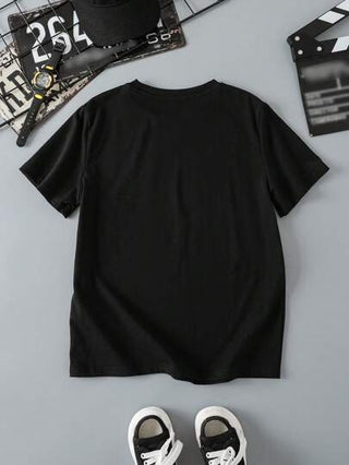 Teen Titans Go X SHEIN تي شيرت تي شيرت أسود بأكمام قصيرة مطبوع عليه رسوم كرتونية، مناسب للشباب في الصيف