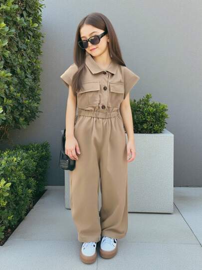 تيشيرتات بناتي بدلة حريرية منسوجة بلون سادة وياقة مفرودة وبها أزرار ، وجيبين مزدوجين للبنات المراهقات باللون الكاكي، بدلة مناسبة للبنات المراهقات