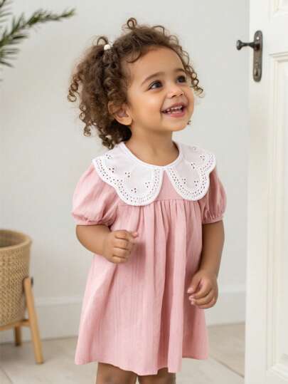 فساتين بيبي Cozy Pixies فستان كاجوال قصير للبنات رقبة كشكش متباين وأكمام منفوخة وخصر مربوط