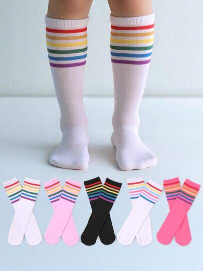 5 أزواج من جوارب كرة القدم للأطفال للبنين والبنات، جوارب تيوب ذات خطوط طويلة للركبة، جوارب رياضية طويلة للبنين والبنات ذات ألوان نمط