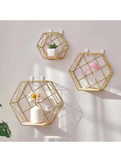 أثاث مكتبي قطعة واحدة من رف الحائط المعدني السداسي الشكل، ثلاثة أحجام مختلفة، بدون حفر مطلوب، رفوف لتعليق الحائط، ديكور حائط فني DIY، رف كتب، حامل نباتات، رف عرض، خزن موفر للمساحة، لديكور حائط المنزل