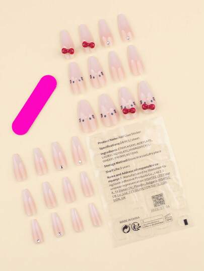 24 قطعة أظافر بشكل لوز متوسط، أظافر بسيطة للضغط والارتداء، أظافر فنية محفورة ومزينة بعقدة الأرنب، أظافر مزيفة براقة للضغط والارتداء، طقم العناية بالأظافر يشمل 1 ورقة من الملصقات اللاصقة و1 مبرد أظافر صغير، مناسب للارتداء اليومي