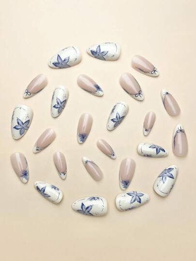 24 قطعة أظافر اصطناعية شكل اللوز بتصميم فرنسي بسيط ذات لون أصفر فاتح، مناسبة للبنات/النساء لاستخدام اليومي، إكسسوارات طقم أظافر الربيع