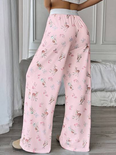 Flirla بنطلون نسائي ناعم كاجوال وأنيق، ذو خصر مطاطي وفضفاض مطبوع بطبعة شكل أيل، قطني