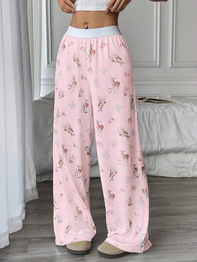 Flirla بنطلون نسائي ناعم كاجوال وأنيق، ذو خصر مطاطي وفضفاض مطبوع بطبعة شكل أيل، قطني