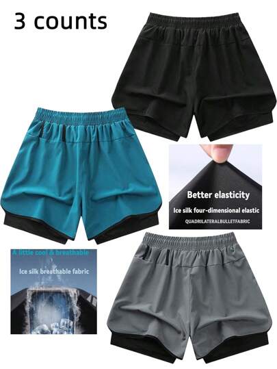 3 قطع صيفية من شورت رجالي من الحرير الجليدي ، بطانة مزدوجة ، قابل للتنفس وسريع الجفاف للياقة البدنية والجري والتدريب ، شورت مرن