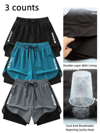 3 قطع صيفية من شورت رجالي من الحرير الجليدي ، بطانة مزدوجة ، قابل للتنفس وسريع الجفاف للياقة البدنية والجري والتدريب ، شورت مرن