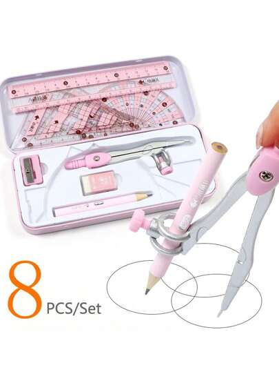 8 قطع مجموعة أدوات الرسم والهندسة مكونة من مسطرة وبوصلة وأقلام رصاص، قرطاسية رياضيات وهندسة للرسم والتعليم، هدية للأطفال الصغار والكبار، لوازم مكتبية للمدارس