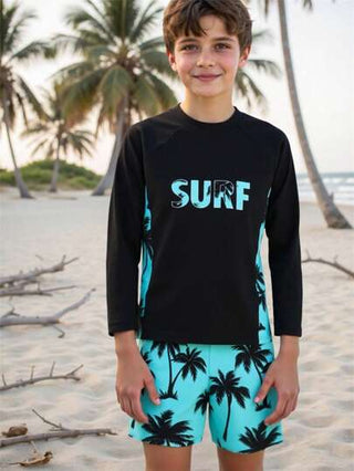 مايوه أولادي مجموعة ملابس علوية كم طويل رقلان مطبوعة بأحرف وطباعة نباتات استوائية وبشورت سباحة للأولاد في سن المراهقة، طباعة متنوعة