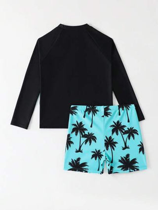 مايوه أولادي مجموعة ملابس علوية كم طويل رقلان مطبوعة بأحرف وطباعة نباتات استوائية وبشورت سباحة للأولاد في سن المراهقة، طباعة متنوعة