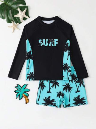 مايوه أولادي مجموعة ملابس علوية كم طويل رقلان مطبوعة بأحرف وطباعة نباتات استوائية وبشورت سباحة للأولاد في سن المراهقة، طباعة متنوعة