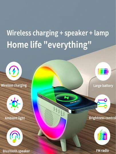 شاحن لاسلكي 3 في 1، ضوء ضبابي وسماعة بلوتوث - سماعة بلوتوث مع مصباح جو ملون RGB متعدد الألوان، يدعم بطاقة TF، أقراص USB، الراديو وأكثر