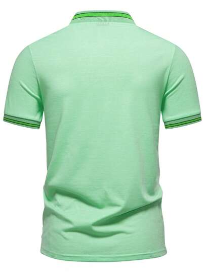 Manfinity Mode قميص بولو للرجال بسحاب ذو لونين وفتحة فوقية نصفية، أكمام قصيرة، كاجوال صيفي