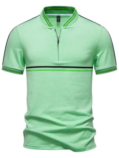 Manfinity Mode قميص بولو للرجال بسحاب ذو لونين وفتحة فوقية نصفية، أكمام قصيرة، كاجوال صيفي