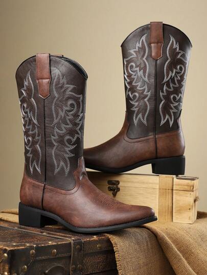 بوت جلدية رجالية طراز بريطاني قديم، مطرزة ومركبة، ذات تصميم حديث للخريف/الشتاء، برقبة متوسطة الطول وكعب سميك مدبب