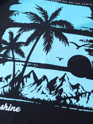 مايوه أولادي طقم ملابس السباحة المكون من ملابس علوية رش لارد بأكمام طويلة وشورت سباحة مزخرف بطباعة أشجار النخيل مناسب لفئة المراهقين. مناسب للاستخدام في المسبح أو على الشاطئ.