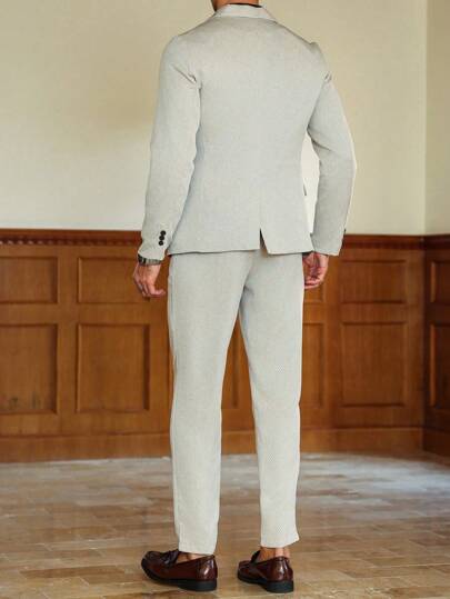 Manfinity Mode بدلة بارجل ذات جاكيت طويلة الأكمام بياقة فردية و بنطال لرجال الأعمال، طقم بدلة رجالية أنيقة ذات صدر بوحيد وياقة مفتولة مكون من قطعتين باللون المشمشي للرجال مناسبة للزفاف و السهرات شائعة البيع