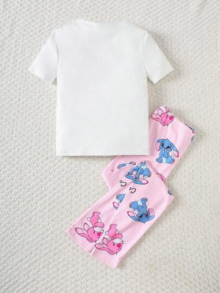 بيجاما 2 مجموعة ملابس علوية آستين قصير وبنطلون مطبوع برسم خروف لطيف، قطعتان من الملابس الداخلية الناعمة والمرنة، بيجامة صيفية للفتيات