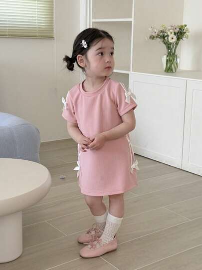 فساتين بيبي فستان مُرتاح لكل يوم مصمم بعقدة على الكتف مُحبوك لبنات الأطفال ، للربيع والصيف