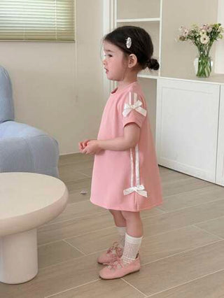 فساتين بيبي فستان مُرتاح لكل يوم مصمم بعقدة على الكتف مُحبوك لبنات الأطفال ، للربيع والصيف