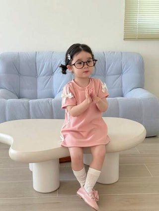 فساتين بيبي فستان مُرتاح لكل يوم مصمم بعقدة على الكتف مُحبوك لبنات الأطفال ، للربيع والصيف