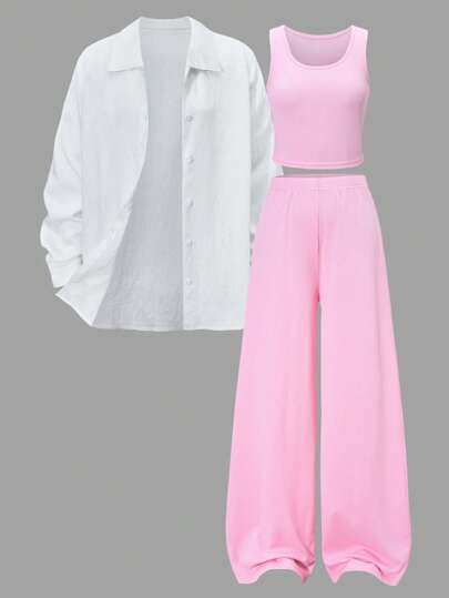 مجموعة 3 قطع قميص بأكمام طويلة خفيف الوزن مع سترة داخلية وبنطال للبنات المراهقات، ملابس كاجوال مريحة للربيع/الصيف