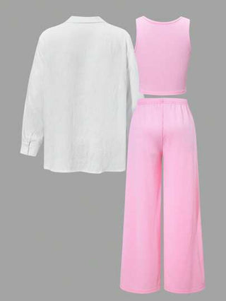 مجموعة 3 قطع قميص بأكمام طويلة خفيف الوزن مع سترة داخلية وبنطال للبنات المراهقات، ملابس كاجوال مريحة للربيع/الصيف