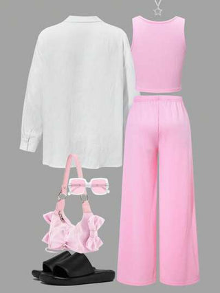 مجموعة 3 قطع قميص بأكمام طويلة خفيف الوزن مع سترة داخلية وبنطال للبنات المراهقات، ملابس كاجوال مريحة للربيع/الصيف