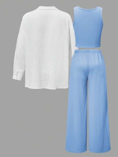 تيشيرتات بناتي 3 قطع من طقم ملابس للفتاة المراهقة خفيفة الوزن: قميص كم طويل, حماله, وبنطلون, كاجوال ومريح, مجموعة ربيعية/صيفية