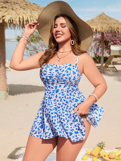 Swim Lushoire طقم بحجم كبير من نساء بزهور صغيرة، بحمالات سباغيتي قابلة للتعديل وبلوزة سباحة مرتفعة الخصر، أنيق ومُرضي المظهر