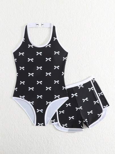 SHEIN قطعة واحدة بدلة سباحة كاملة للفتاة البالغة, 2 قطعة طقم ملابس سباحة مطبوعة