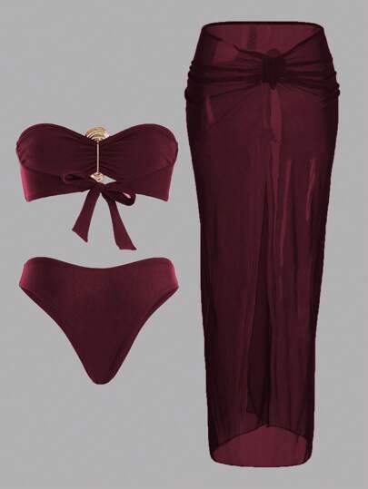 Swim Oasis 3 قطع من ملابس الشاطئ للنساء في إجازة الربيع: طقم بيكيني لصدر وظهر مكشوف، تنورة طويلة شفافة، إكسسوارات ذهبية أنيقة، ملابس السباحة ذات الظهر المكشوف