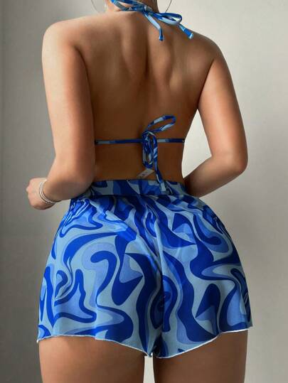 Swim Vcay 3 قطع/مجموعة ملابس السباحة بكيني بطبعات عشوائية للشاطئ والإجازات