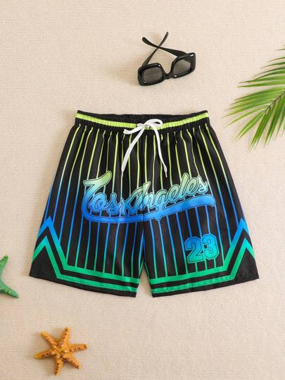 مايوه أولادي شورتات شاطئ ذات خصر رباط مخطط بحروف للفتى المراهق، مطبوعة بشعارات