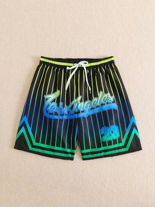 مايوه أولادي شورتات شاطئ ذات خصر رباط مخطط بحروف للفتى المراهق، مطبوعة بشعارات