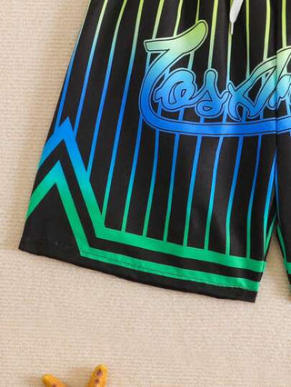 مايوه أولادي شورتات شاطئ ذات خصر رباط مخطط بحروف للفتى المراهق، مطبوعة بشعارات