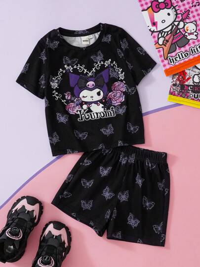 مايوه حريمي قطعة واحدة HELLO KITTY AND FRIENDS |  زوج(مجموعة) تي شيرت كروشيه ذات رقبة مستديرة وشورت بطراز بنات الشباب البانك بزخارف فراشة وورد