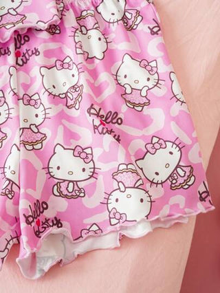 بيجاما HELLO KITTY AND FRIENDS | طقم بيجاما للفتيات المراهقات مكون من قميص وشورت بطباعة كرتونية وردية لطيفة