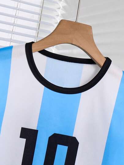 مجموعة ملابس علوية كرة قدم للأولاد لممارسة الرياضة في الهواء الطلق، طباعة الرقم 7 و تصميم "GOAT"، ملابس علوية أكمام قصيرة رقبة دائرية مع شورت، للربيع والصيف، 2 قطعة