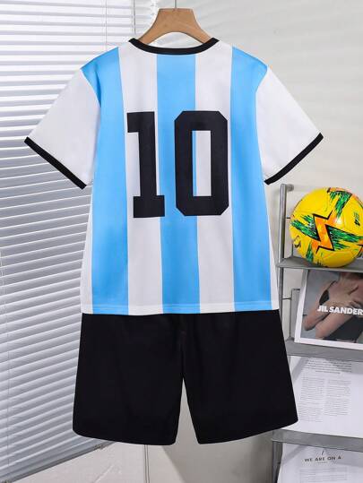 مجموعة ملابس علوية كرة قدم للأولاد لممارسة الرياضة في الهواء الطلق، طباعة الرقم 7 و تصميم "GOAT"، ملابس علوية أكمام قصيرة رقبة دائرية مع شورت، للربيع والصيف، 2 قطعة