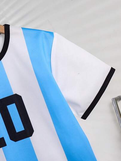 مجموعة ملابس علوية كرة قدم للأولاد لممارسة الرياضة في الهواء الطلق، طباعة الرقم 7 و تصميم "GOAT"، ملابس علوية أكمام قصيرة رقبة دائرية مع شورت، للربيع والصيف، 2 قطعة