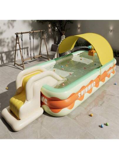 بركة سباحة قابلة للنفخ، بأحجام مختلفة دائرية قابلة للطي، من البي في سي السميك للاستخدام الخارجي، مزودة بنزلقات وألعاب مائية للمرح والتسلية