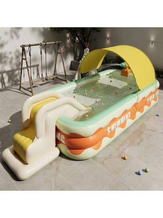 بركة سباحة قابلة للنفخ، بأحجام مختلفة دائرية قابلة للطي، من البي في سي السميك للاستخدام الخارجي، مزودة بنزلقات وألعاب مائية للمرح والتسلية