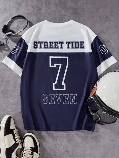 SHEIN تي شيرت تيشيرت رياضي كاجوال للمراهقين الشباب بياقة طاقم ، أكمام قصيرة ، برينت أرقام وتصميم ملون