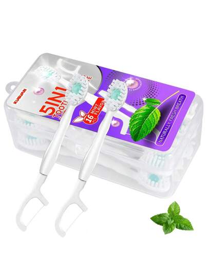 طقم فرش أسنان يدوية سفر حجم مدمج 16 حبة للكبار بمعجون نعناع طري من الألياف البوليستر،بدون ،مناسب للجنسين، لأنفاس طازجة ورعاية الأسنان