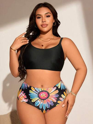 Swim Lushoire مجموعة بلوزة سباحة تانكيني مطبوع بزهور، مع جاكيت شبكي كبير الحجم للنساء، لأيام الصيف والعطلات البحرية
