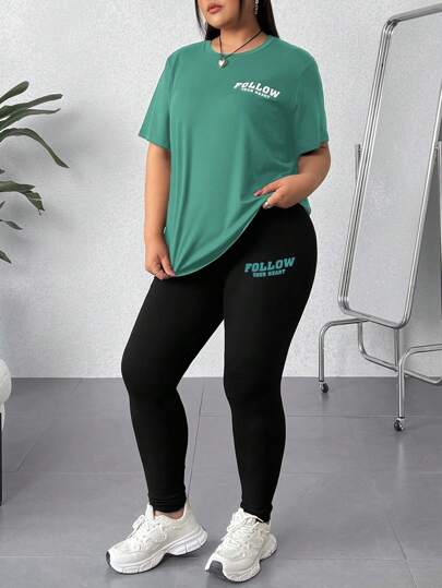 SHEIN EZwear طقم تي شيرت وبنطلون كريو نيك أكمام قصيرة مقاس كبير قطعتين